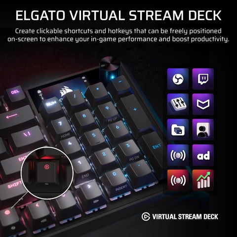 Detailed view of the 96 Percent Compact Mechanical Gaming Keyboard With Smooth Linear Switches That Hit Different Combined With A Built In LCD Stream Deck Rotary Knob And Dedicated Macro Buttons For Players Who Mean Business On The Battlefield, featuring colorful key backlighting and virtual stream deck icons.