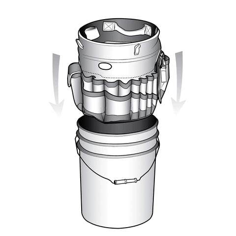 Exterior Bucket Organizer For 5 Gallon Buckets With Dope Quick Dry Mesh Pockets For Car Supplies Keeps Soap And Water In The Bucket While Wet Gear Dries Fast Black AB30060 shown attached to bucket.