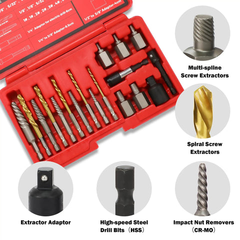 Left Hand Drill Bit And Screw Extractor Set 22 Pcs With MultiSpline Extractors, Spiral Screw Extractors in a red case