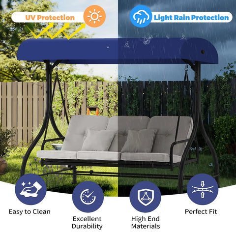 Canopy Replacement Top for GT Porch Swing Model GCS00229C Blue Super Easy Install Swing Chair Canopy Outdoor Shade and Weather Protection, split screen showing UV and rain protection benefits.
