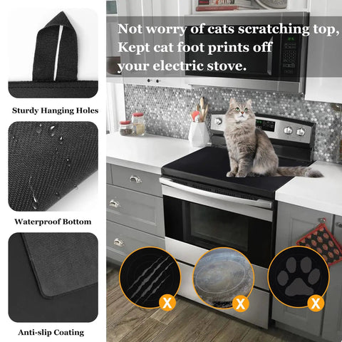 Cat sitting on a Glass Stove Top Cover That Adds Solid Heat Resistant Protection For Your Large Electric Cooktop in a kitchen.