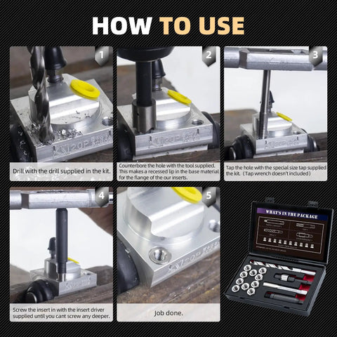 Instructions on using the M12X1.75 Thread Repair Kit With Stainless Steel Inserts Drill Tap Counterbore And Install Driver 10 Pcs M12 Thread Inserts.