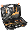 Front view of EnerTwist 246-piece drill bit and driver set in a black plastic carrying case with orange accents.