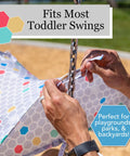 Outdoor Baby Swing Sun Shade For Toddlers, Portable Folding Canopy That Blocks UV Rays being attached to swing chain by hands