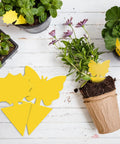 Ultra Thick Yellow Sticky Traps For Fruit Flies And Fungus Gnats With 48 Pack beside potted plants on a white wooden surface.