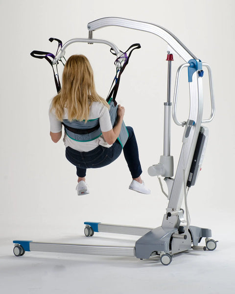 Toileting Transfer Sling With Torso Belt For Elderly Patients in use with patient lift, size XL, comfy polyester material.