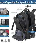 Travel rolling backpack with wheels, 50L, black fabric, USB port, laptop compartment, dry-wet pocket