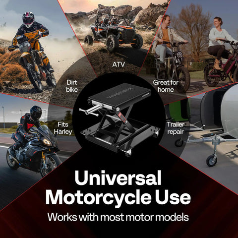 Beefy Heavy Duty Motorcycle Lift Jack With Wide Deck For ATVs And Bikes 1100 Lb Capacity Scissor Lift With Dolly Wheels