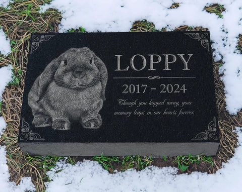 Custom Rabbit Memorial Stone For Outdoor Gardens And Gravesite with personal engraving on black granite in snow