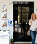 No Sweat App Paired Fingerprint Smart Front Lock With Heavy Duty Knob Set And Slick Satin Nickel Finish, user using app near door.