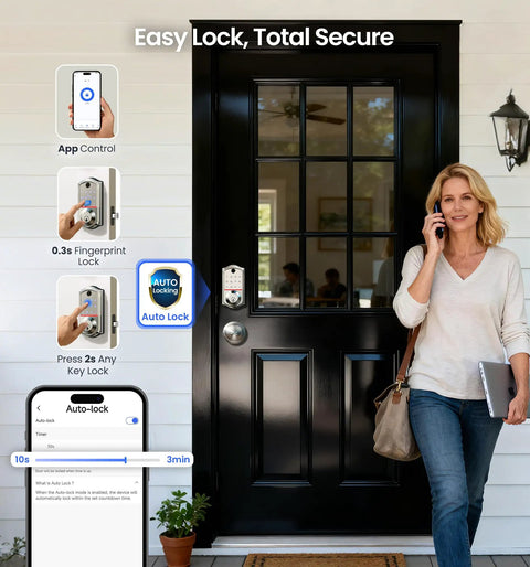 No Sweat App Paired Fingerprint Smart Front Lock With Heavy Duty Knob Set And Slick Satin Nickel Finish, user using app near door.