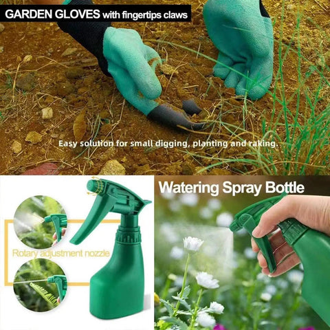 Garden gloves with claws and watering spray bottle, part of 11-Piece Garden Tools Set For Women And Men With Heavy Duty Aluminum Hand Tools Apron And Storage Tote Bag All In One Planting Kit For Weeding Transplanting Pruning Raking Watering And More.