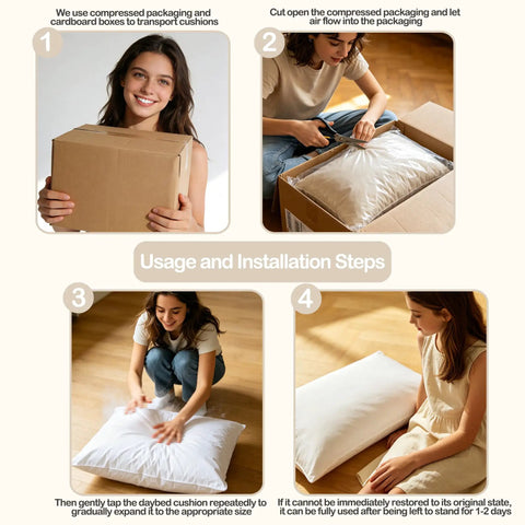 Twin Size Daybed Porch Swing Cushion Set With Crushed Foam Block Filling Back Pillows And Bolster Cushions For Outdoor Relaxation Replacement Made For Outdoor Use And Chill, compressed packaging steps