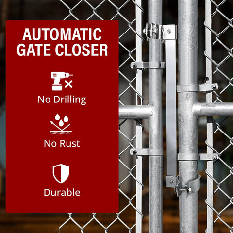 Beefy Heavy Duty Gate Closer With Steel Bar And Adjustable Self Closing Gate Spring For Metal Gates Outdoors In Backyard Pool Area And Dog Fence Weatherproof Anti Rust Coating For Long Lasting Quiet And Safe Closure shown attached to a metal gate with features highlighted.