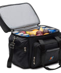Open Beefy Extra Large Cooler Bag With Leakproof Hard Liner Bucket 14 By 13 By 9 And A Half Inches showing contents with fruits and cans