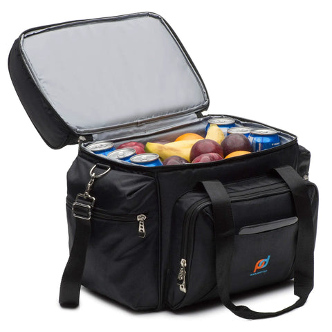 Open Beefy Extra Large Cooler Bag With Leakproof Hard Liner Bucket 14 By 13 By 9 And A Half Inches showing contents with fruits and cans