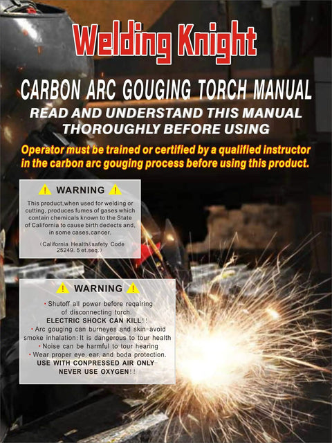 Instruction manual for Beefy Heavy Duty 1000 Amp K4000 Carbon Arc Gouging Torch With 7ft Cable And Black Handle For Metalwork.