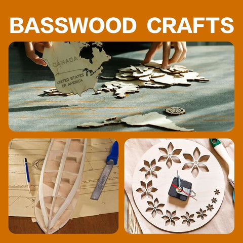 Basswood sheets pack, 12x12 inch, 3mm thick wood; collage with laser-cut floral clock and map pieces.