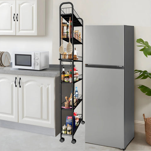 Six Tier Ultra Slim 6 Inch Depth Rolling Storage Cart On Wheels With Handle For Narrow Spaces in kitchen between appliances