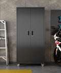 Industrial Metal Garage Storage Cabinet On Wheels With 5 Adjustable Shelves Heavy Duty Steel Organizer in garage setting