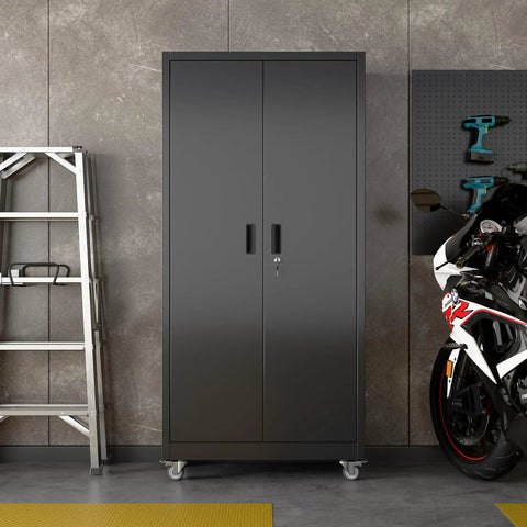 Beefy Metal Storage Cabinet with Wheels and Pegboard 71 Inch Tall Garage Organizer against a garage wall.