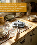 Heavy Duty Double Sided Nonstick Sandwich Maker With Portable Aluminum Flip Pan on a table with plates and cups.