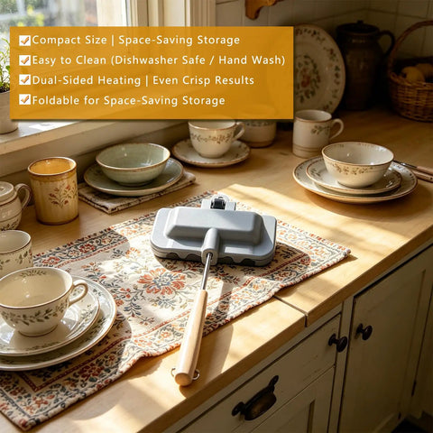 Heavy Duty Double Sided Nonstick Sandwich Maker With Portable Aluminum Flip Pan on a table with plates and cups.
