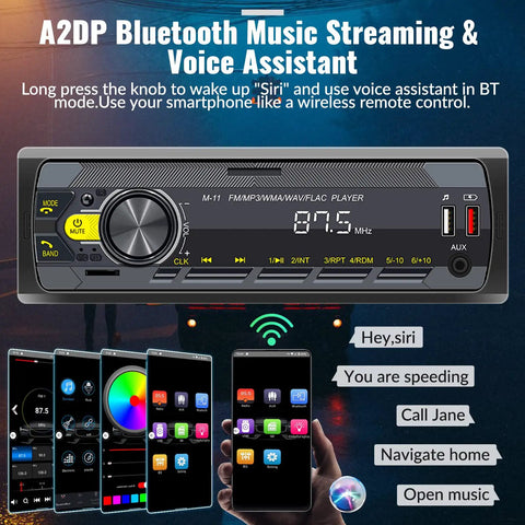 Single Din Car Stereo Bluetooth 5.0 Multimedia Receiver With Hands Free Calling, Voice Control, LCD Display illustration