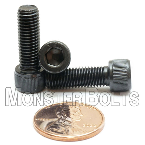 Heavy Duty Quarter Inch 28 Threads Per Inch Socket Head Cap Screws Three Quarter Inch Long Alloy Steel With Black Oxide Finish ASTM A574 Ten Pack For Tough Assemblies And Quick Fixes, shown next to a coin for size.