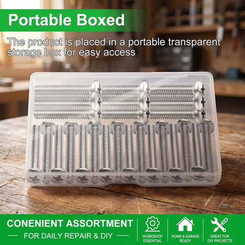 Tough As Nails Thirty Piece 304 Stainless Steel Machine Screws Size 8 32 One Point Five Inch Phillips Pan Head Fasteners in storage box.