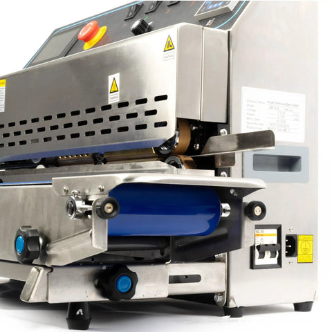 Heavy Duty Continuous Band Sealer With Built In Inkjet Printer Automatic Horizontal Bag Sealer For PVC And Mylar Packaging 0.39 Inch Seal Width 0-16 M/min 0-572 F Industrial Grade showcasing stainless steel body and control panel