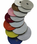 7-step set of 6 Inch Wet Diamond Polishing Pads with Velcro backing, showcasing different grits from 50 to 3000 for stone surfaces.