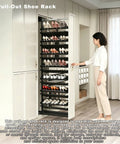 Smooth Glide Vertical Pull Out Shoe Rack For Closet And Cabinet, Sliding Under Stair Kick Locker, Tight Fit Hero For Daily Sneakers, Height Adjustable 15 Tier Telescopic System, Zero Fuss Setup with shoes displayed in cabinet.