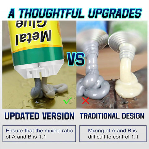 Comparison of Tough As Nails Heavy Duty Metal Repair Glue Epoxy updated vs traditional design with clear mixing ratio