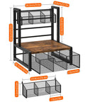 Industrial Rustic Tea Bag Organizer, 3 Tier Wood Storage Box With Drawer, Matte Black Frame, Wire Baskets, Dimensions Displayed