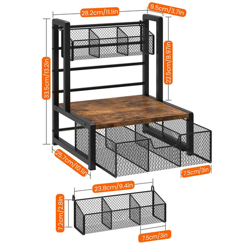 Industrial Rustic Tea Bag Organizer, 3 Tier Wood Storage Box With Drawer, Matte Black Frame, Wire Baskets, Dimensions Displayed