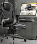 Ergonomic Executive Office Chair For Home And Desk, High Back Leather Swivel Chair With Padded Flip Up Armrests, Black in office setting.