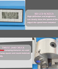 Heavy Duty 7X14 Inch Mini Metal Lathe With Variable Speed Control And Brushless Motor showing HD LCD screen and 100mm three jaw chuck.