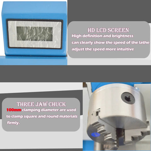 Heavy Duty 7X14 Inch Mini Metal Lathe With Variable Speed Control And Brushless Motor showing HD LCD screen and 100mm three jaw chuck.