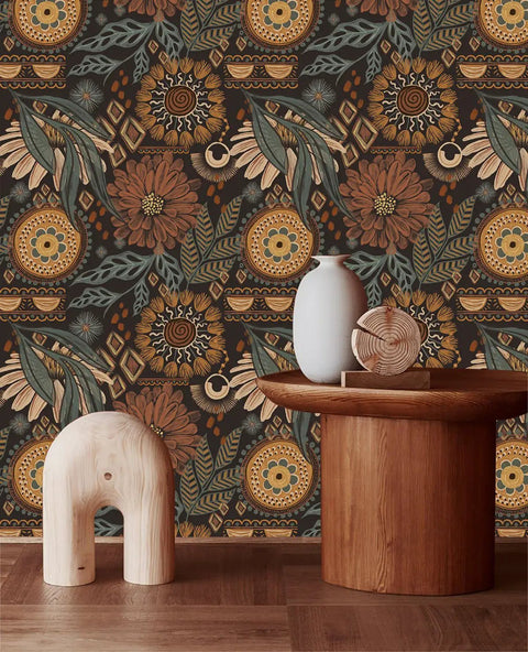 Peel And Stick Floral Boho Wallpaper Removable Mural Renter Friendly Brown Peach Puff Green Retro Wall Decor 17.3In By 9.8Ft