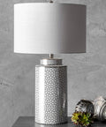 Austin Ceramic Floral Trellis Table Lamp With 3 Way Switch Modern Accent Lighting For Any Room Brightens Living Room Or Bedroom Uses One B22 Bulb On Off Cord, silver base with white shade on gray table
