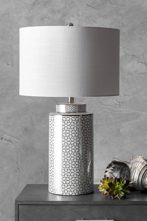 Austin Ceramic Floral Trellis Table Lamp With 3 Way Switch Modern Accent Lighting For Any Room Brightens Living Room Or Bedroom Uses One B22 Bulb On Off Cord, silver base with white shade on gray table