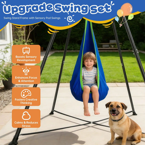 All In One Sensory Swing With Stand And Pod Swing For Indoor And Outdoor Use, Metal Frame Swing Set In Blue with child swinging