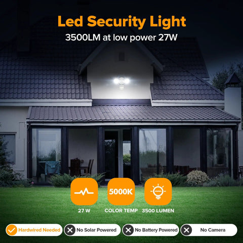 Heavy Duty Dual Head Motion Sensor Led Security Flood Light For The Block 27 Watt 3500 Lumens Knockout Daylight Beam Ip65 Weather Resistant Outdoor Spotlight For Garage And Driveway