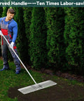 Person using Heavy Duty Lawn Leveling Rake 35 Inch With Stainless Steel Build And Full Welded Design Pro Grade Yard Care Tool.