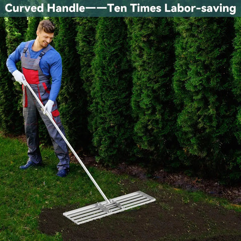 Person using Heavy Duty Lawn Leveling Rake 35 Inch With Stainless Steel Build And Full Welded Design Pro Grade Yard Care Tool.