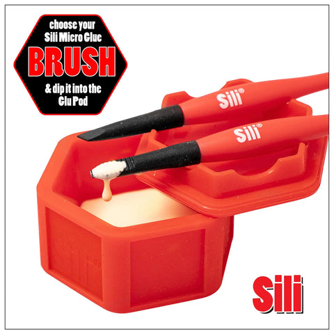 Glue Pod With Three Micro Glue Brushes And Sealable Lid Set, featuring red brushes and a hexagonal container with white glue.