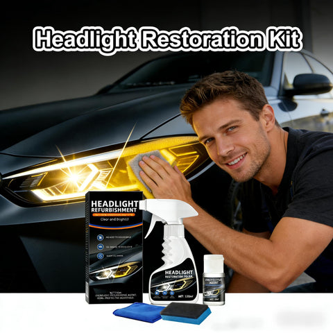 Man using 10X Brighter Headlight Restoration Kit With Pro Grade Cleaner And Sealant That Erases Yellowed, Cloudy Lenses In Minutes Without Grinding