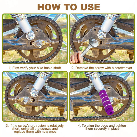Installation guide for 4 Pack Aluminum Alloy Bicycle Pegs For Three Eighths Inch Axles With Anti Skid Grip Fits Front And Rear on BMX bike.
