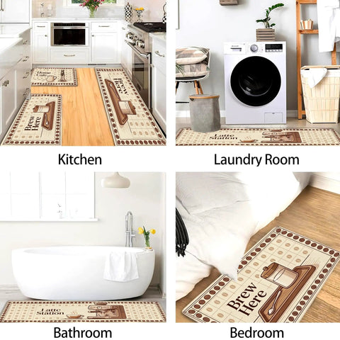Vintage Coffee Kitchen Floor Mats Rustic Brew Station Rugs 3 piece set in kitchen, laundry, bathroom, and bedroom.
